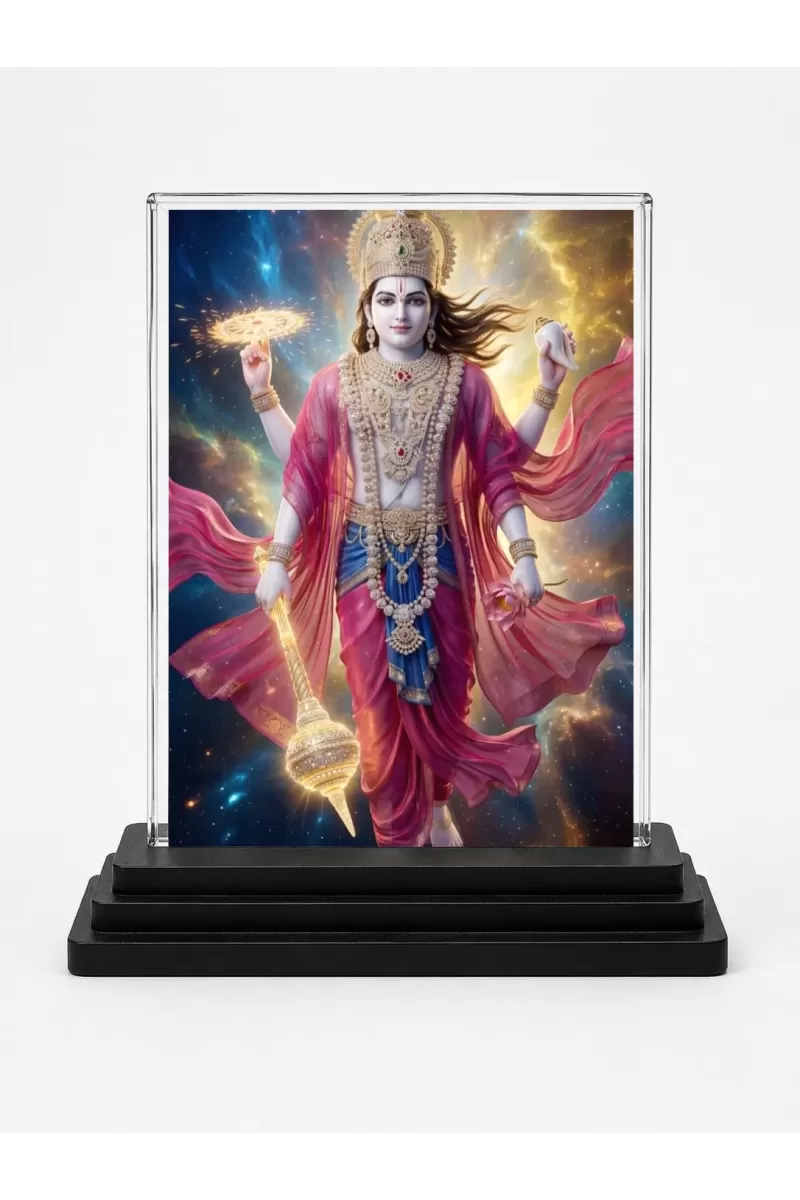 Vishnu Acrylic Car Dashboard Showpiece | Double-Sided Vishnu Photo Stand | 3 X 4 Inch Photo | Transparent Acrylic Frame With Black Base | Car Dashboard, Office & Table Decor (F72183)