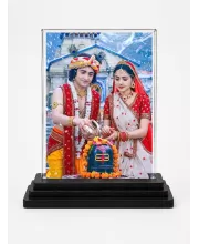 Krishna And Radha Acrylic Car Dashboard Showpiece | Double-Sided Krishna And Radha Photo Stand | 3 X 4 Inch Photo | Transparent Acrylic Frame With Black Base | Car Dashboard, Office & Table Decor (F72185)