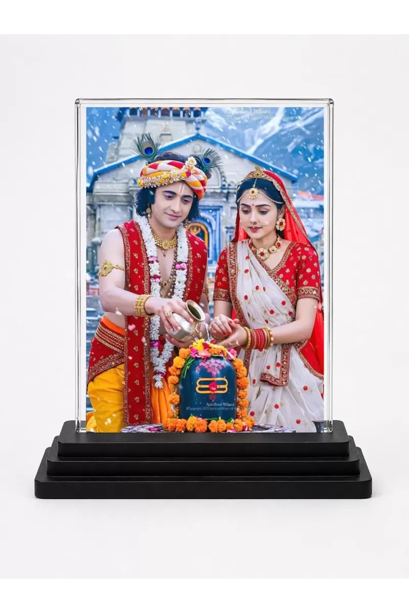 Krishna And Radha Acrylic Car Dashboard Showpiece | Double-Sided Krishna And Radha Photo Stand | 3 X 4 Inch Photo | Transparent Acrylic Frame With Black Base | Car Dashboard, Office & Table Decor (F72185)