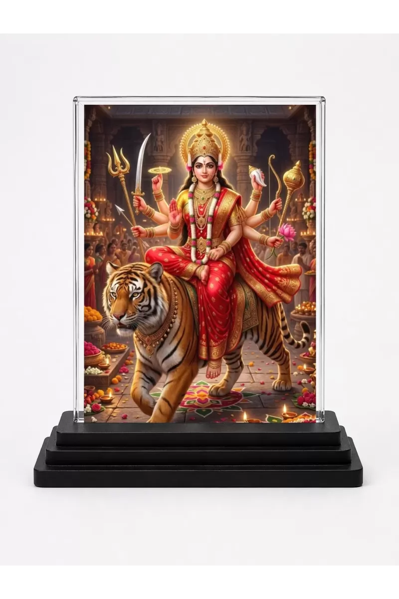 Durga Acrylic Car Dashboard Showpiece | Double-Sided Durga Photo Stand | 3 X 4 Inch Photo | Transparent Acrylic Frame With Black Base | Car Dashboard, Office & Table Decor (F72188)