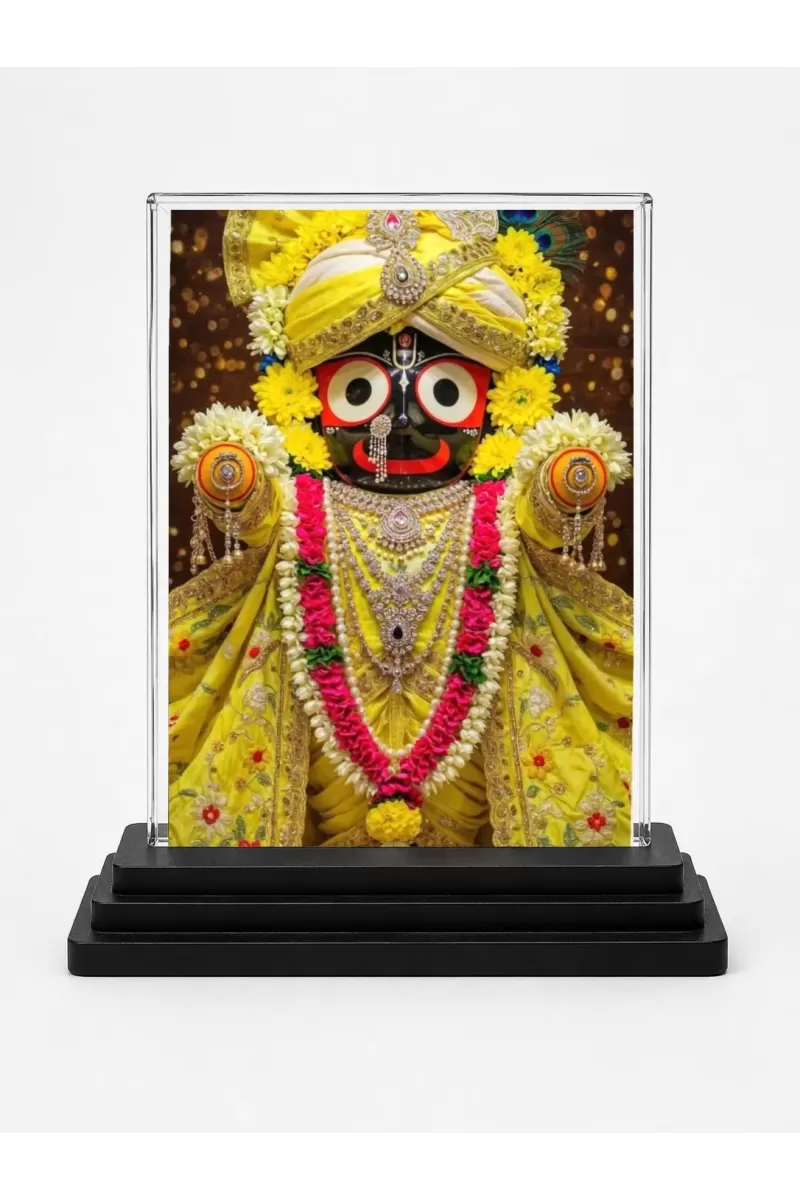 Jagannatha Acrylic Car Dashboard Showpiece | Double-Sided Jagannatha Photo Stand | 3 X 4 Inch Photo | Transparent Acrylic Frame With Black Base | Car Dashboard, Office & Table Decor (F72189)