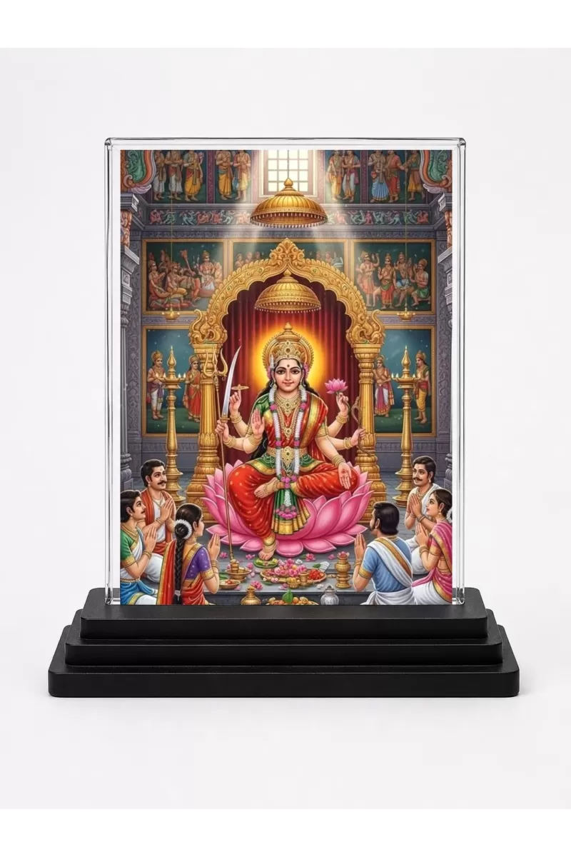 Lakshmi Acrylic Car Dashboard Showpiece | Double-Sided Lakshmi Photo Stand | 3 X 4 Inch Photo | Transparent Acrylic Frame With Black Base | Car Dashboard, Office & Table Decor (F72190)