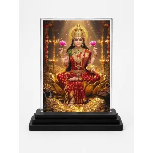Lakshmi Acrylic Car Dashboard Showpiece | Double-Sided Lakshmi Photo Stand | 3 X 4 Inch Photo | Transparent Acrylic Frame With Black Base | Car Dashboard, Office & Table Decor (F72192)