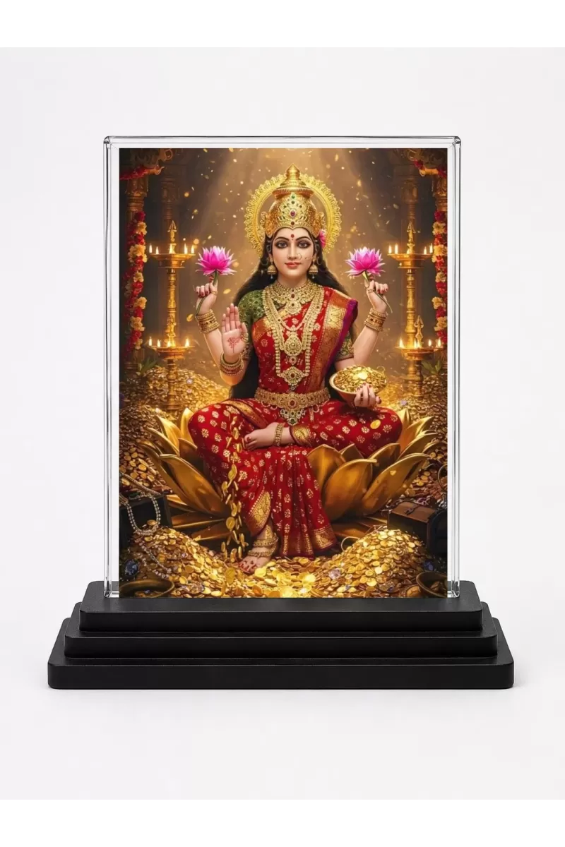 Lakshmi Acrylic Car Dashboard Showpiece | Double-Sided Lakshmi Photo Stand | 3 X 4 Inch Photo | Transparent Acrylic Frame With Black Base | Car Dashboard, Office & Table Decor (F72192)