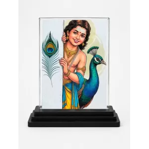 Krishna Acrylic Car Dashboard Showpiece | Double-Sided Krishna Photo Stand | 3 X 4 Inch Photo | Transparent Acrylic Frame With Black Base | Car Dashboard, Office & Table Decor (F72195)