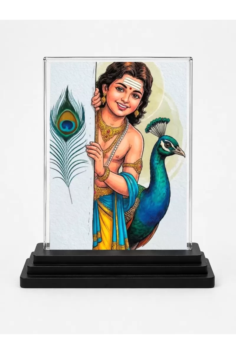 Krishna Acrylic Car Dashboard Showpiece | Double-Sided Krishna Photo Stand | 3 X 4 Inch Photo | Transparent Acrylic Frame With Black Base | Car Dashboard, Office & Table Decor (F72195)