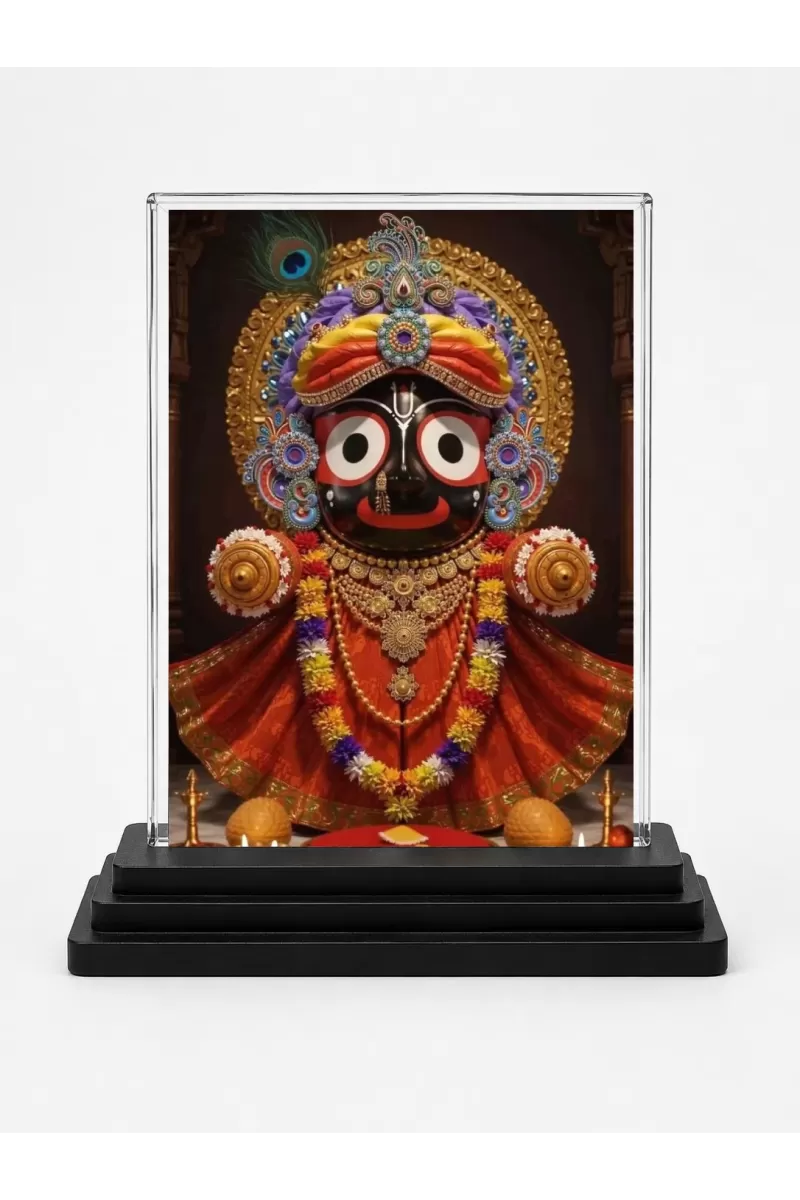 Jagannatha Acrylic Car Dashboard Showpiece | Double-Sided Jagannatha Photo Stand | 3 X 4 Inch Photo | Transparent Acrylic Frame With Black Base | Car Dashboard, Office & Table Decor (F72196)