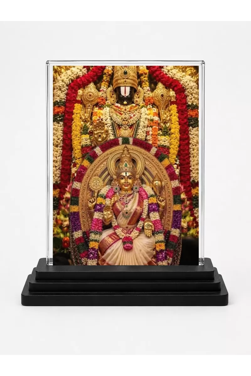 Lord Tirupati & Goddess Lakshmi Acrylic Car Dashboard Showpiece | Double-Sided Lord Tirupati & Goddess Lakshmi Photo Stand | 3 X 4 Inch Photo | Transparent Acrylic Frame With Black Base | Car Dashboard, Office & Table Decor (F72198)