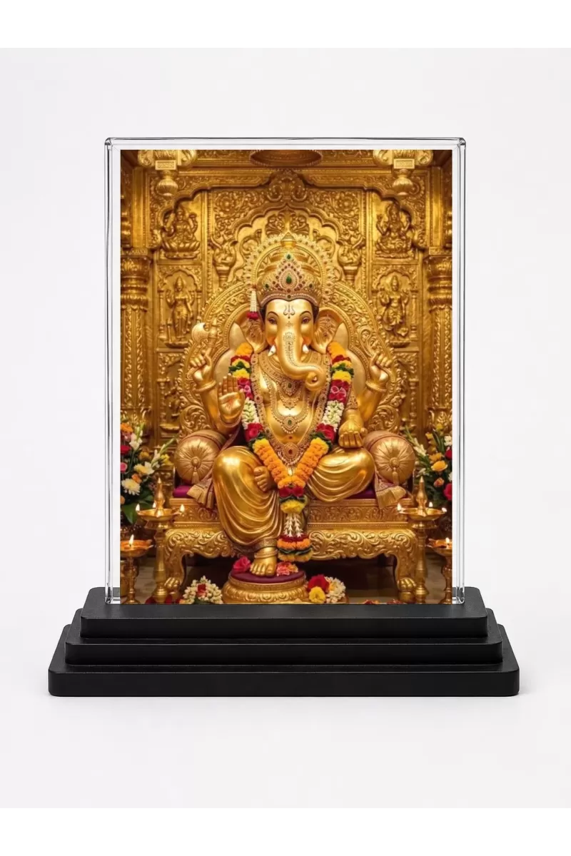 Ganesha Acrylic Car Dashboard Showpiece | Double-Sided Ganesha Photo Stand | 3 X 4 Inch Photo | Transparent Acrylic Frame With Black Base | Car Dashboard, Office & Table Decor (F72200)