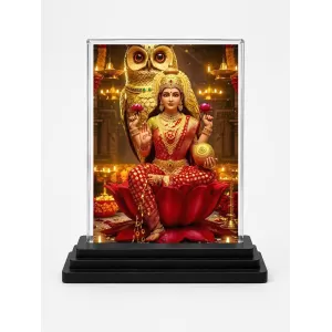 Lakshmi Acrylic Car Dashboard Showpiece | Double-Sided Lakshmi Photo Stand | 3 X 4 Inch Photo | Transparent Acrylic Frame With Black Base | Car Dashboard, Office & Table Decor (F72201)