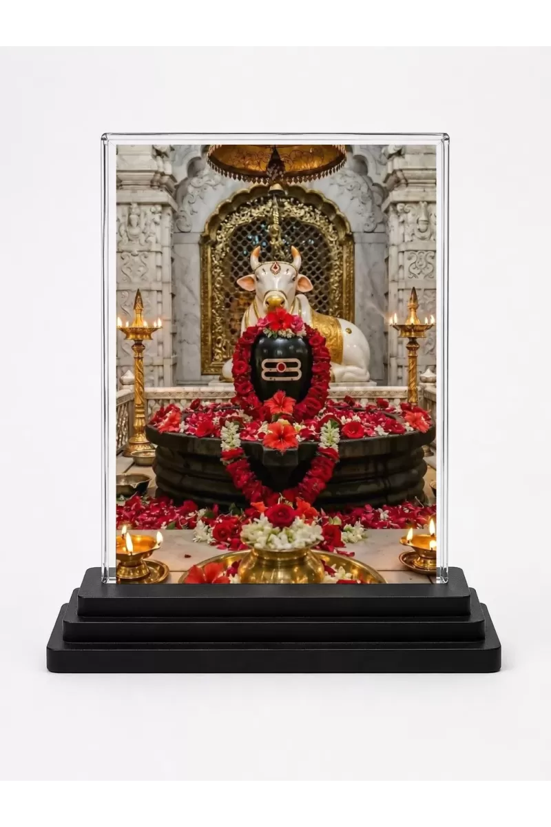 Mahakaleshwar Jyotirlinga Acrylic Car Dashboard Showpiece | Double-Sided Mahakaleshwar Jyotirlinga Photo Stand | 3 X 4 Inch Photo | Transparent Acrylic Frame With Black Base | Car Dashboard, Office & Table Decor (F72202)