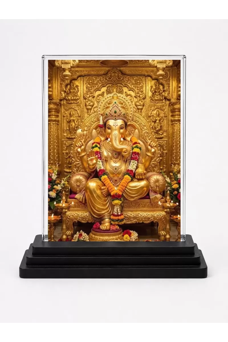 Ganesha Acrylic Car Dashboard Showpiece | Double-Sided Ganesha Photo Stand | 3 X 4 Inch Photo | Transparent Acrylic Frame With Black Base | Car Dashboard, Office & Table Decor (F72204)