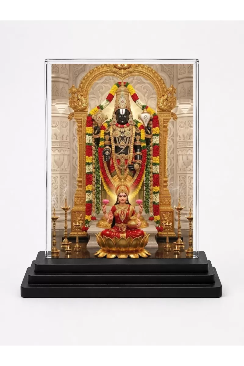 Venkateswara Acrylic Car Dashboard Showpiece | Double-Sided Venkateswara Photo Stand | 3 X 4 Inch Photo | Transparent Acrylic Frame With Black Base | Car Dashboard, Office & Table Decor (F72206)