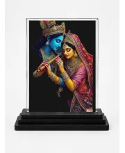 Shree Krishna And Shree Radha Acrylic Car Dashboard Showpiece | Double-Sided Shree Krishna And Shree Radha Photo Stand | 3 X 4 Inch Photo | Transparent Acrylic Frame With Black Base | Car Dashboard, Office & Table Decor (F72210)