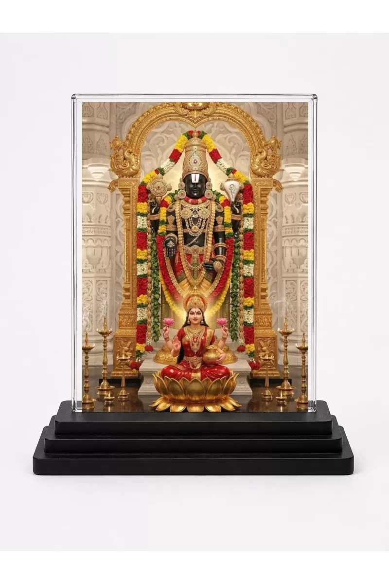 Tirupati Balaji Acrylic Car Dashboard Showpiece | Double-Sided Tirupati Balaji Photo Stand | 3 X 4 Inch Photo | Transparent Acrylic Frame With Black Base | Car Dashboard, Office & Table Decor (F72211)