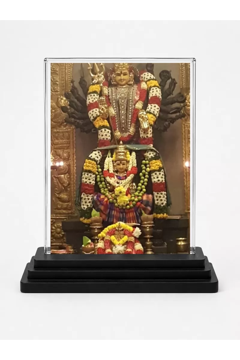 Dhanvantari Acrylic Car Dashboard Showpiece | Double-Sided Dhanvantari Photo Stand | 3 X 4 Inch Photo | Transparent Acrylic Frame With Black Base | Car Dashboard, Office & Table Decor (F72212)