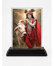 Krishna Acrylic Car Dashboard Showpiece | Double-Sided Krishna Photo Stand | 3 X 4 Inch Photo | Transparent Acrylic Frame With Black Base | Car Dashboard, Office & Table Decor (F72213)