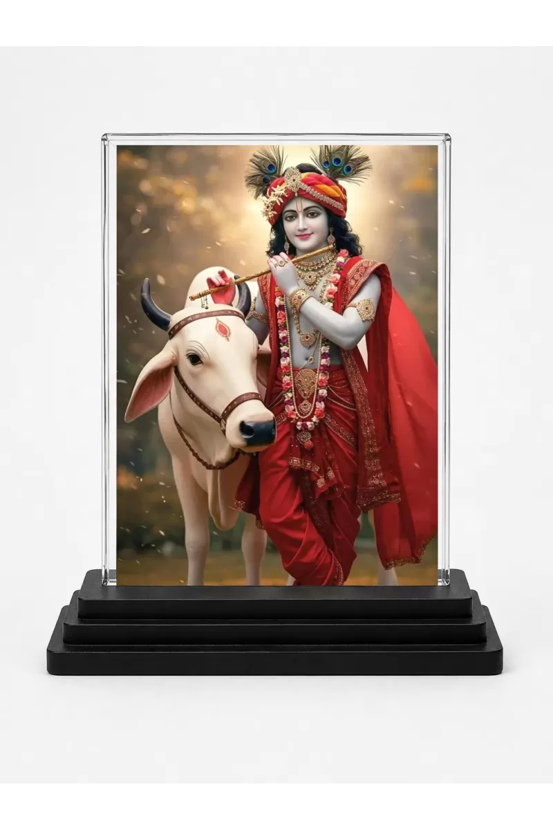 Krishna Acrylic Car Dashboard Showpiece | Double-Sided Krishna Photo Stand | 3 X 4 Inch Photo | Transparent Acrylic Frame With Black Base | Car Dashboard, Office & Table Decor (F72213)