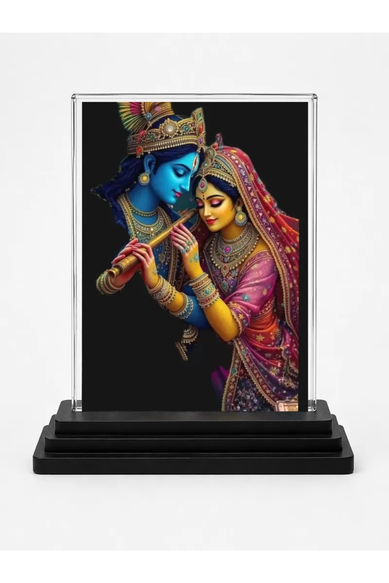 Shree Krishna And Shree Radha Acrylic Car Dashboard Showpiece | Double-Sided Shree Krishna And Shree Radha Photo Stand | 3 X 4 Inch Photo | Transparent Acrylic Frame With Black Base | Car Dashboard, Office & Table Decor (F72215)