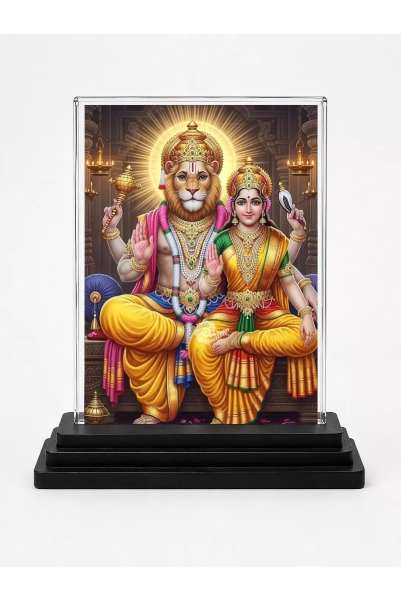 Narasimha And Lakshmi Acrylic Car Dashboard Showpiece | Double-Sided Narasimha And Lakshmi Photo Stand | 3 X 4 Inch Photo | Transparent Acrylic Frame With Black Base | Car Dashboard, Office & Table Decor (F72216)