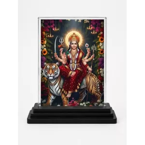 Durga Acrylic Car Dashboard Showpiece | Double-Sided Durga Photo Stand | 3 X 4 Inch Photo | Transparent Acrylic Frame With Black Base | Car Dashboard, Office & Table Decor (F72218)