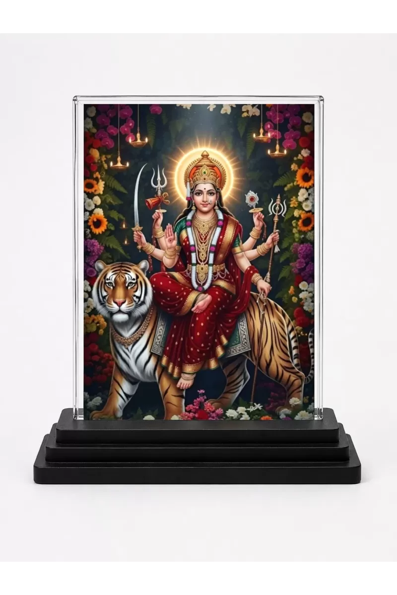 Durga Acrylic Car Dashboard Showpiece | Double-Sided Durga Photo Stand | 3 X 4 Inch Photo | Transparent Acrylic Frame With Black Base | Car Dashboard, Office & Table Decor (F72218)