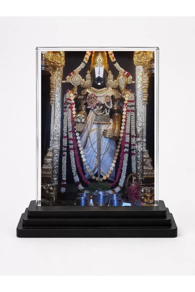 Venkateswara Acrylic Car Dashboard Showpiece | Double-Sided Venkateswara Photo Stand | 3 X 4 Inch Photo | Transparent Acrylic Frame With Black Base | Car Dashboard, Office & Table Decor (F72221)