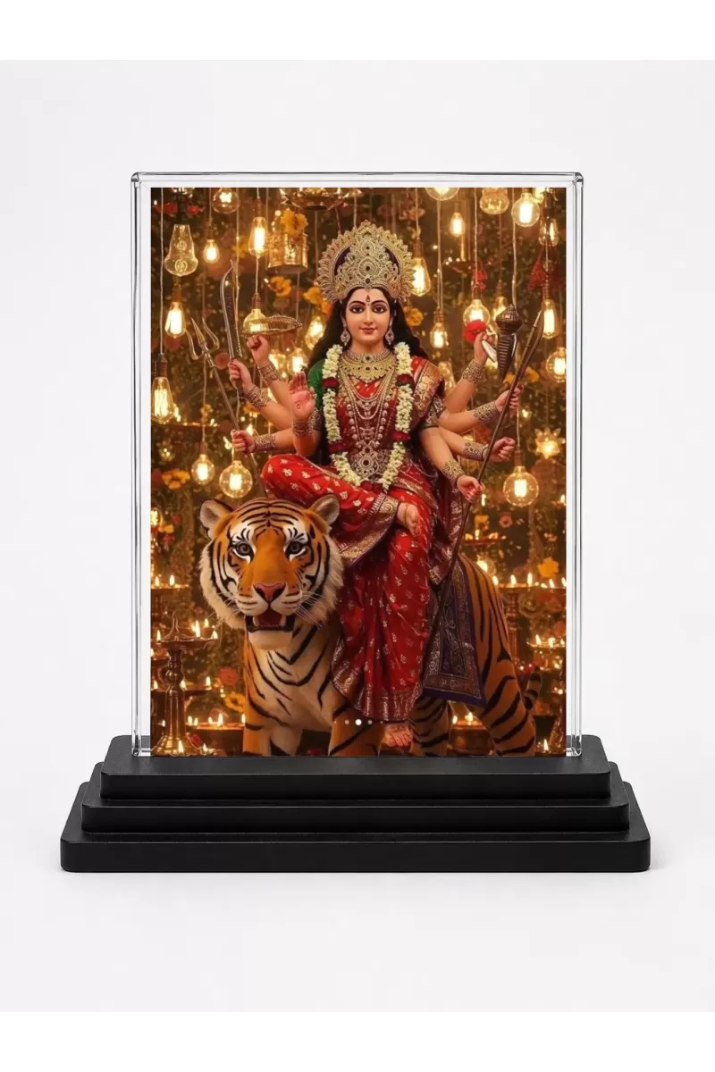 Durga Acrylic Car Dashboard Showpiece | Double-Sided Durga Photo Stand | 3 X 4 Inch Photo | Transparent Acrylic Frame With Black Base | Car Dashboard, Office & Table Decor (F72224)