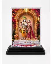 Krishna And Radha Acrylic Car Dashboard Showpiece | Double-Sided Krishna And Radha Photo Stand | 3 X 4 Inch Photo | Transparent Acrylic Frame With Black Base | Car Dashboard, Office & Table Decor (F72225)