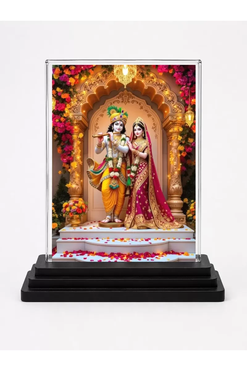 Krishna And Radha Acrylic Car Dashboard Showpiece | Double-Sided Krishna And Radha Photo Stand | 3 X 4 Inch Photo | Transparent Acrylic Frame With Black Base | Car Dashboard, Office & Table Decor (F72225)