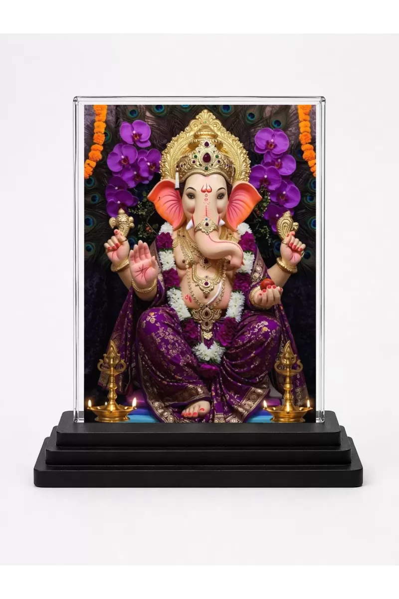 Lord Ganesha Acrylic Car Dashboard Showpiece | Double-Sided Lord Ganesha Photo Stand | 3 X 4 Inch Photo | Transparent Acrylic Frame With Black Base | Car Dashboard, Office & Table Decor (F72226)