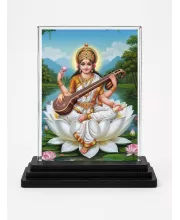 Saraswati Acrylic Car Dashboard Showpiece | Double-Sided Saraswati Photo Stand | 3 X 4 Inch Photo | Transparent Acrylic Frame With Black Base | Car Dashboard, Office & Table Decor (F72228)