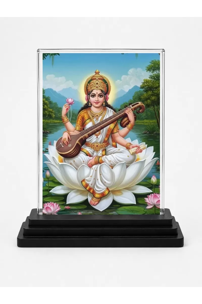 Saraswati Acrylic Car Dashboard Showpiece | Double-Sided Saraswati Photo Stand | 3 X 4 Inch Photo | Transparent Acrylic Frame With Black Base | Car Dashboard, Office & Table Decor (F72228)