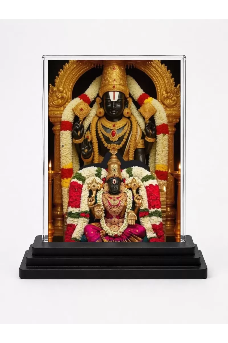 Lord Tirupati & Goddess Lakshmi Acrylic Car Dashboard Showpiece | Double-Sided Lord Tirupati & Goddess Lakshmi Photo Stand | 3 X 4 Inch Photo | Transparent Acrylic Frame With Black Base | Car Dashboard, Office & Table Decor (F72229)
