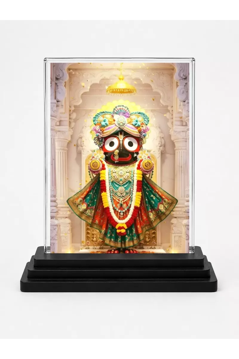Jagannatha Acrylic Car Dashboard Showpiece | Double-Sided Jagannatha Photo Stand | 3 X 4 Inch Photo | Transparent Acrylic Frame With Black Base | Car Dashboard, Office & Table Decor (F72232)