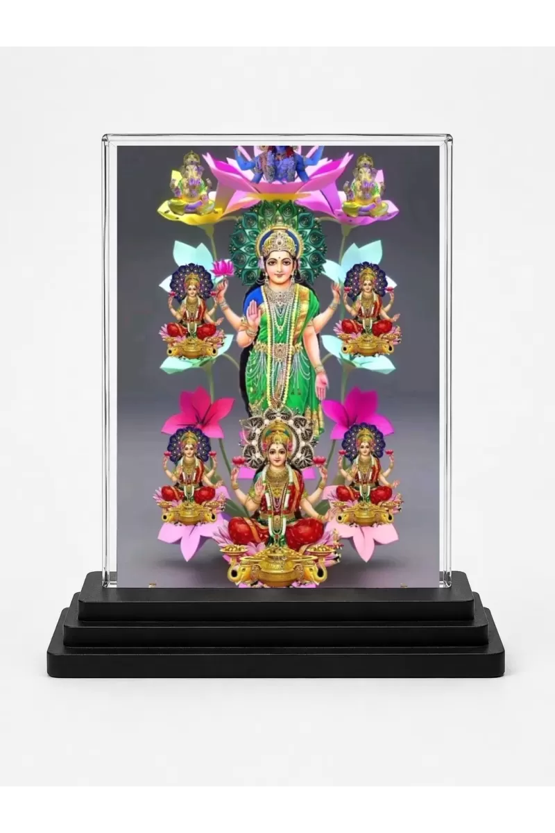 Lakshmi Acrylic Car Dashboard Showpiece | Double-Sided Lakshmi Photo Stand | 3 X 4 Inch Photo | Transparent Acrylic Frame With Black Base | Car Dashboard, Office & Table Decor (F72234)