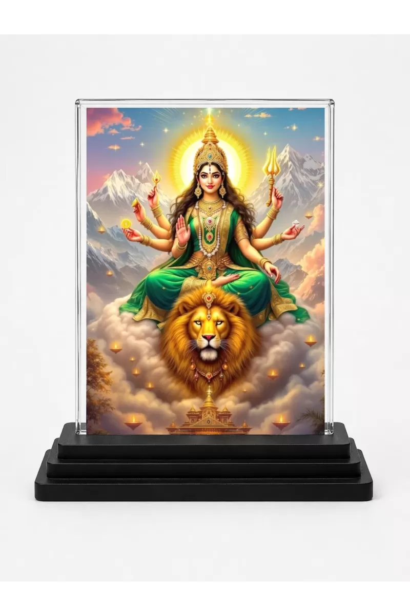 Durga Acrylic Car Dashboard Showpiece | Double-Sided Durga Photo Stand | 3 X 4 Inch Photo | Transparent Acrylic Frame With Black Base | Car Dashboard, Office & Table Decor (F72235)