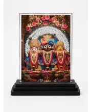 Jagannath, Balabhadra, And Subhadra Acrylic Car Dashboard Showpiece | Double-Sided Jagannath, Balabhadra, And Subhadra Photo Stand | 3 X 4 Inch Photo | Transparent Acrylic Frame With Black Base | Car Dashboard, Office & Table Decor (F72238)