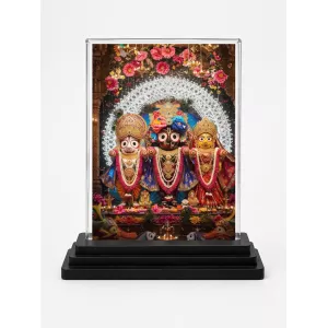 Jagannath, Balabhadra, And Subhadra Acrylic Car Dashboard Showpiece | Double-Sided Jagannath, Balabhadra, And Subhadra Photo Stand | 3 X 4 Inch Photo | Transparent Acrylic Frame With Black Base | Car Dashboard, Office & Table Decor (F72238)