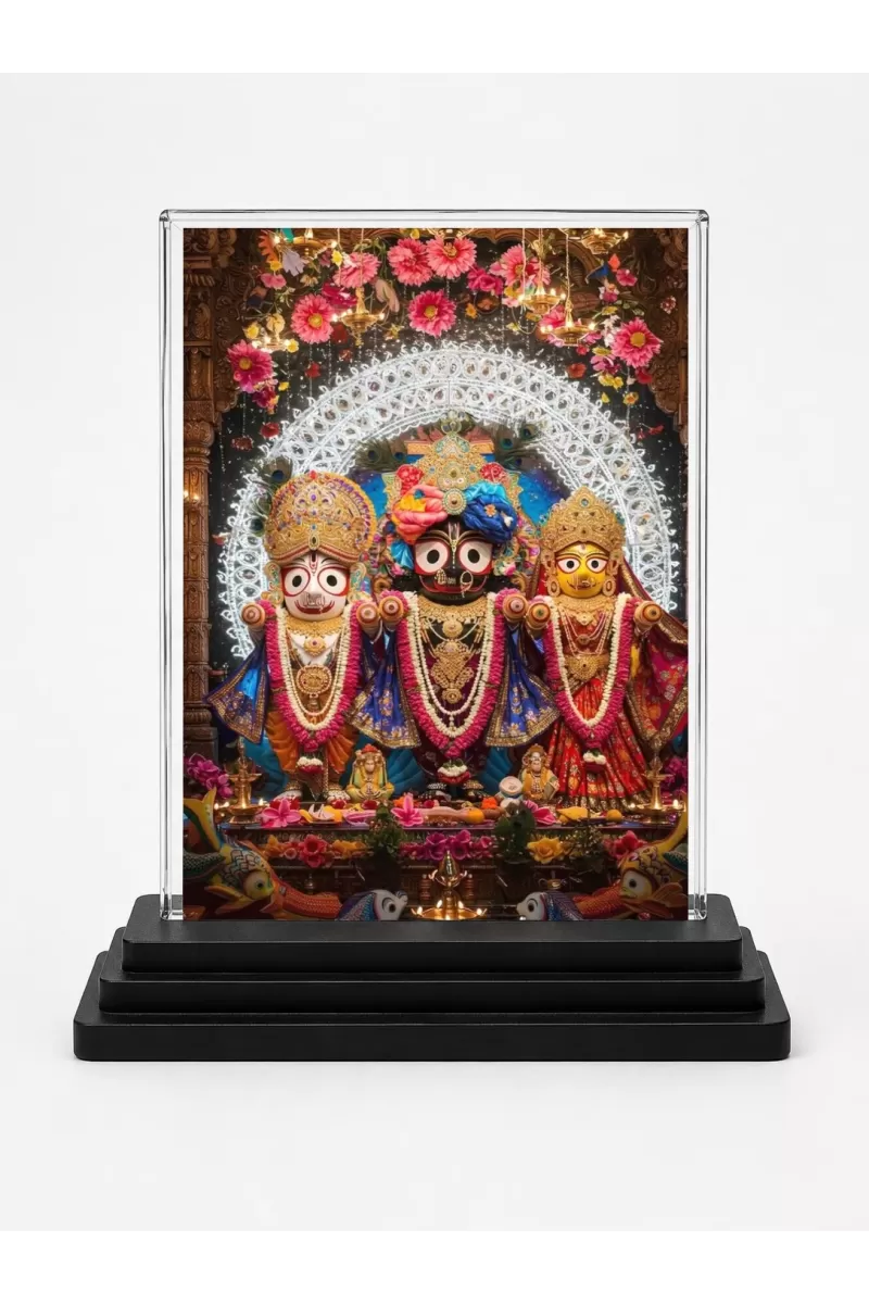 Jagannath, Balabhadra, And Subhadra Acrylic Car Dashboard Showpiece | Double-Sided Jagannath, Balabhadra, And Subhadra Photo Stand | 3 X 4 Inch Photo | Transparent Acrylic Frame With Black Base | Car Dashboard, Office & Table Decor (F72238)