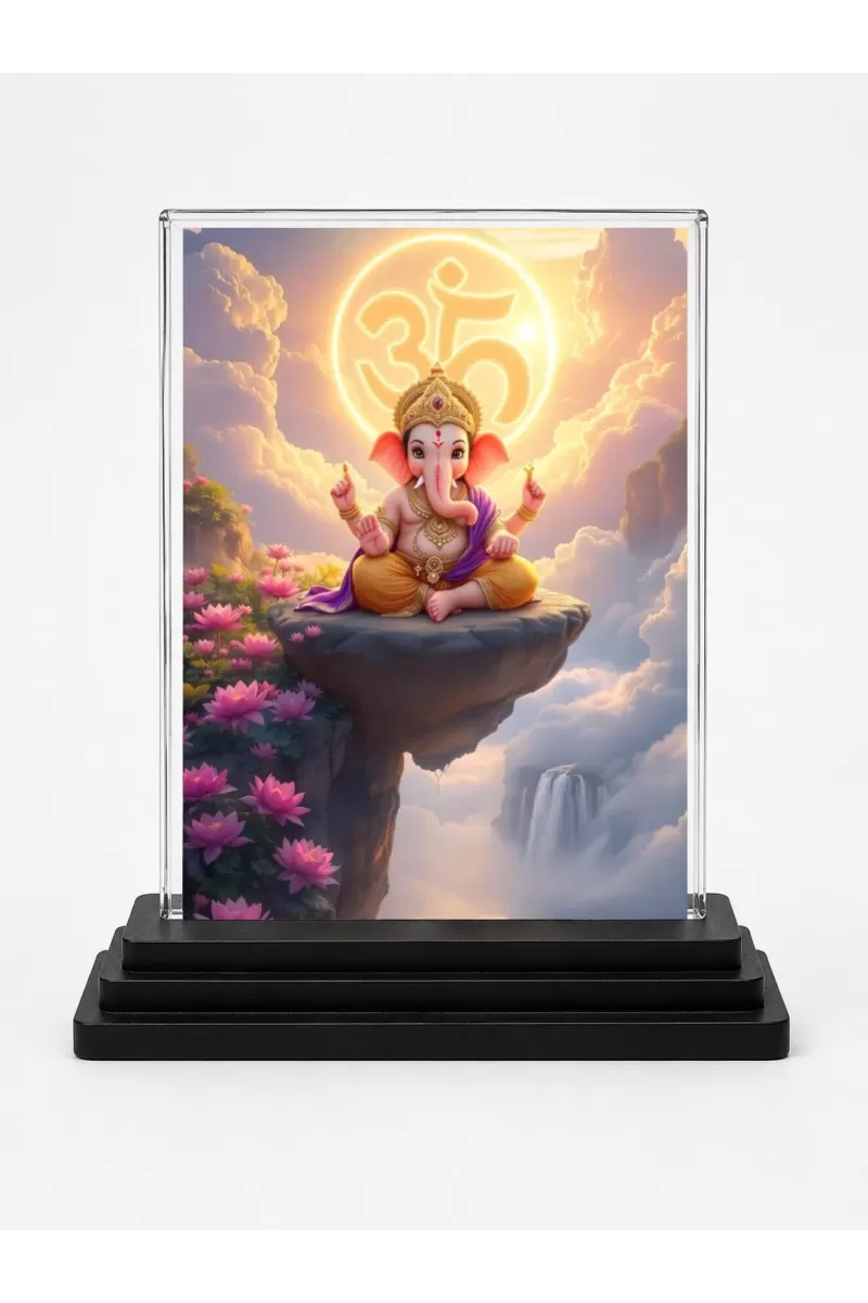 Ganesha Acrylic Car Dashboard Showpiece | Double-Sided Ganesha Photo Stand | 3 X 4 Inch Photo | Transparent Acrylic Frame With Black Base | Car Dashboard, Office & Table Decor (F72239)