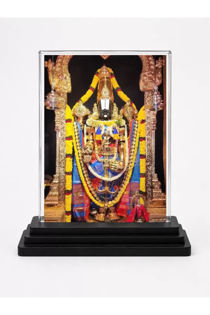 Venkateswara Acrylic Car Dashboard Showpiece | Double-Sided Venkateswara Photo Stand | 3 X 4 Inch Photo | Transparent Acrylic Frame With Black Base | Car Dashboard, Office & Table Decor (F72241)