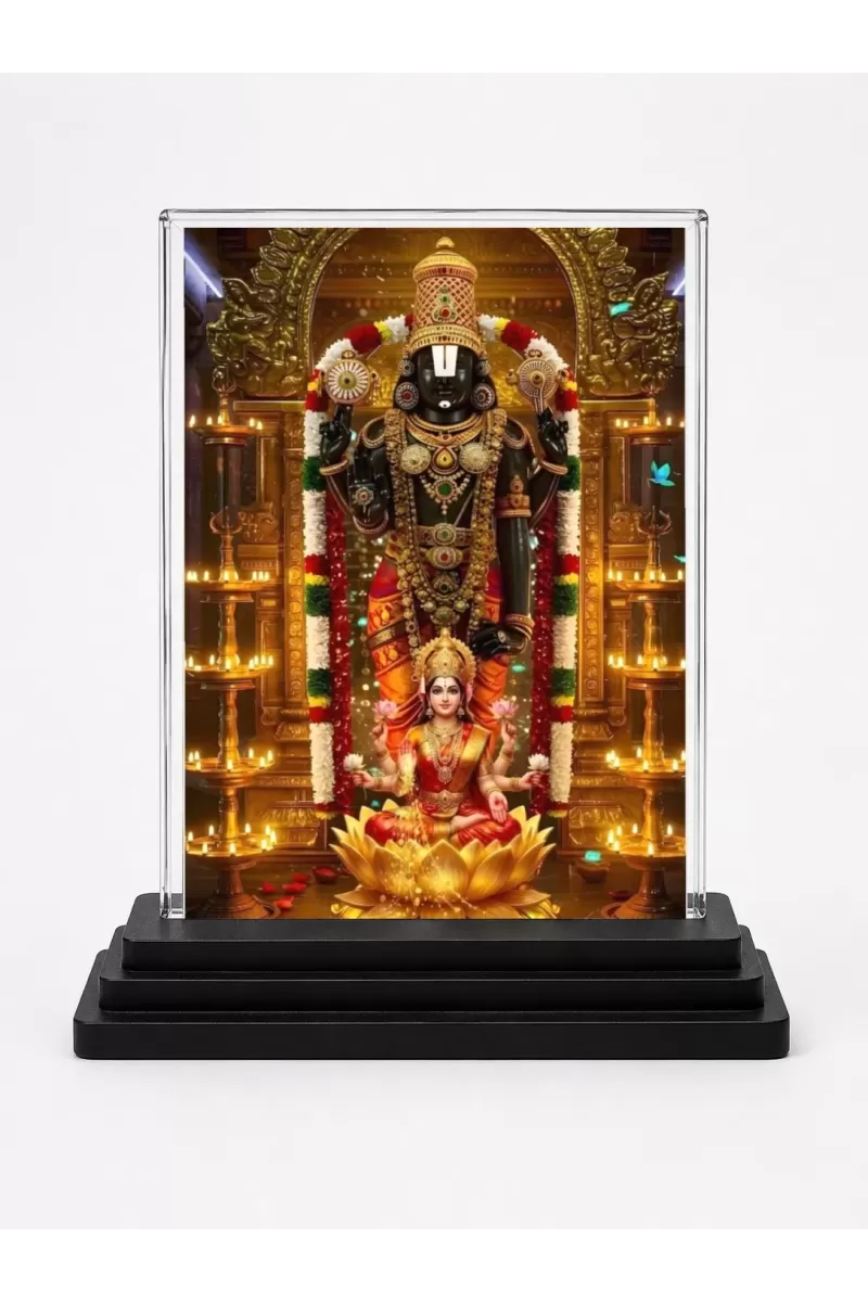 Lakshmi Acrylic Car Dashboard Showpiece | Double-Sided Lakshmi Photo Stand | 3 X 4 Inch Photo | Transparent Acrylic Frame With Black Base | Car Dashboard, Office & Table Decor (F72242)