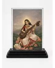 Saraswati Acrylic Car Dashboard Showpiece | Double-Sided Saraswati Photo Stand | 3 X 4 Inch Photo | Transparent Acrylic Frame With Black Base | Car Dashboard, Office & Table Decor (F72245)