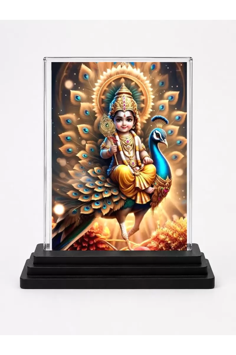 Lord Murugan Acrylic Car Dashboard Showpiece | Double-Sided Lord Murugan Photo Stand | 3 X 4 Inch Photo | Transparent Acrylic Frame With Black Base | Car Dashboard, Office & Table Decor (F72247)