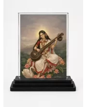 Saraswati Acrylic Car Dashboard Showpiece | Double-Sided Saraswati Photo Stand | 3 X 4 Inch Photo | Transparent Acrylic Frame With Black Base | Car Dashboard, Office & Table Decor (F72248)