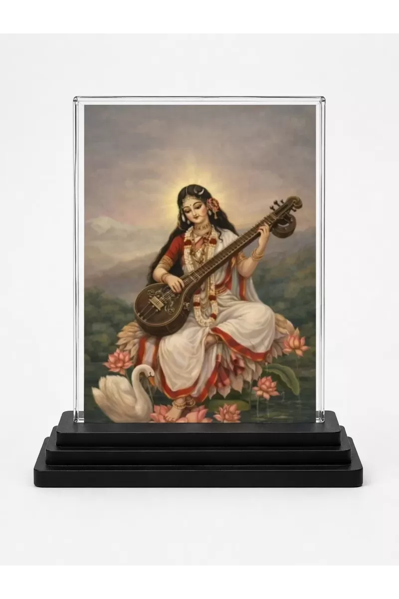 Saraswati Acrylic Car Dashboard Showpiece | Double-Sided Saraswati Photo Stand | 3 X 4 Inch Photo | Transparent Acrylic Frame With Black Base | Car Dashboard, Office & Table Decor (F72248)