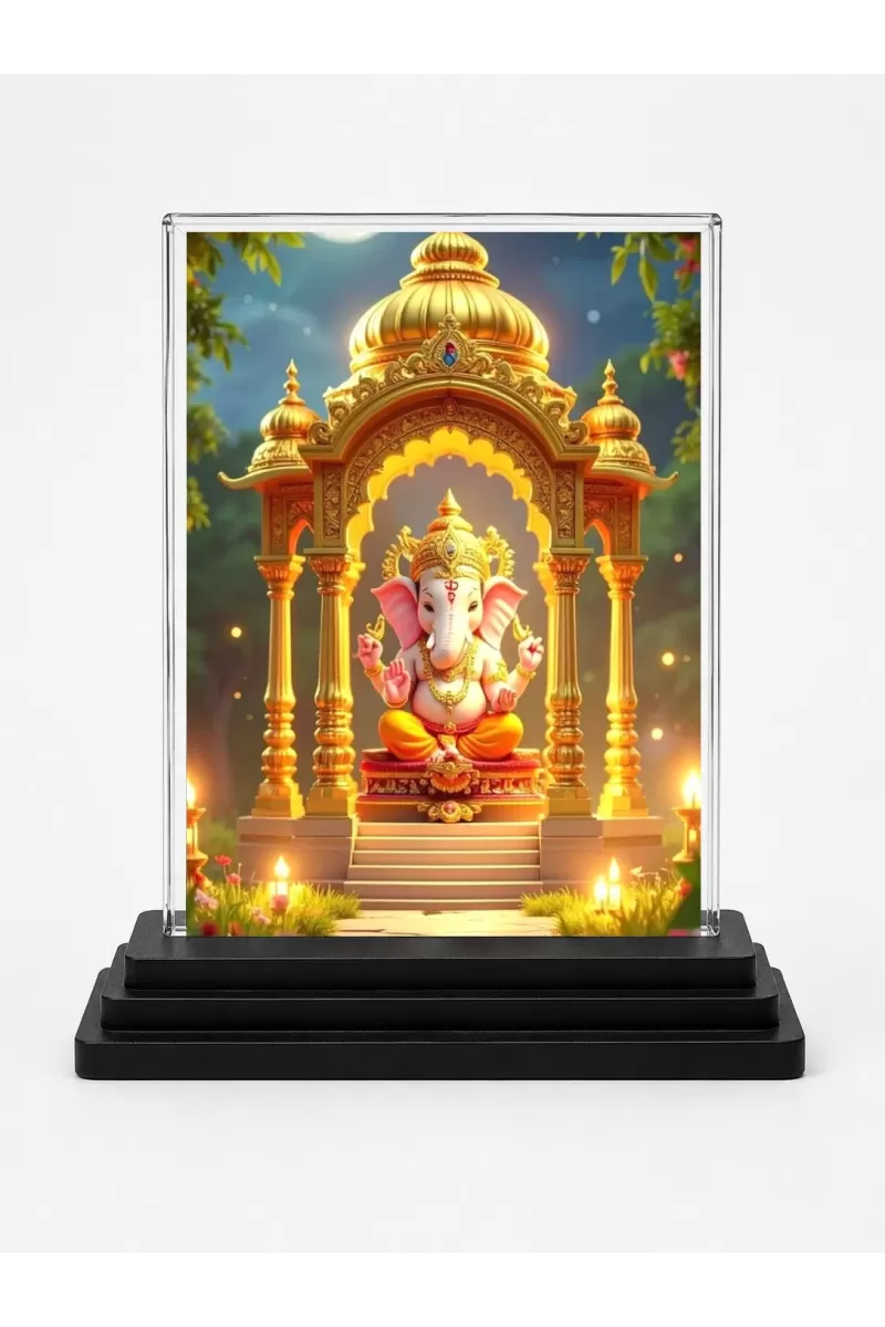 Ganesha Acrylic Car Dashboard Showpiece | Double-Sided Ganesha Photo Stand | 3 X 4 Inch Photo | Transparent Acrylic Frame With Black Base | Car Dashboard, Office & Table Decor (F72252)