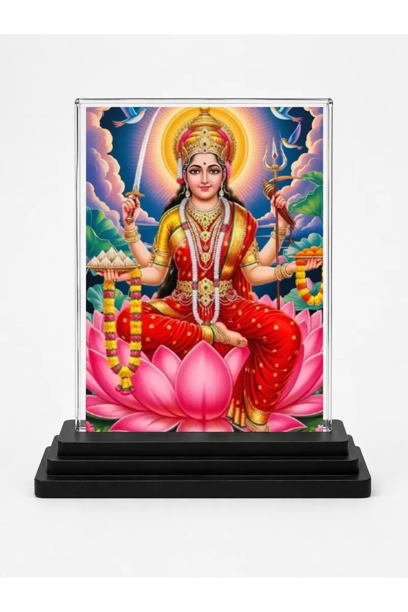 Lakshmi Acrylic Car Dashboard Showpiece | Double-Sided Lakshmi Photo Stand | 3 X 4 Inch Photo | Transparent Acrylic Frame With Black Base | Car Dashboard, Office & Table Decor (F72254)