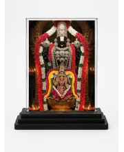 Lord Tirupati & Goddess Lakshmi Acrylic Car Dashboard Showpiece | Double-Sided Lord Tirupati & Goddess Lakshmi Photo Stand | 3 X 4 Inch Photo | Transparent Acrylic Frame With Black Base | Car Dashboard, Office & Table Decor (F72255)